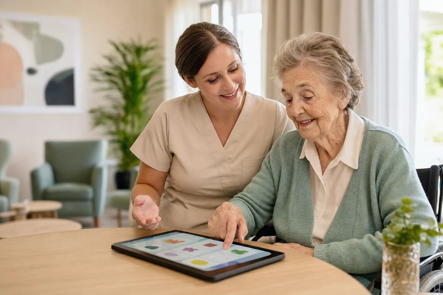 Warm, photorealistic, documentary-style photograph for an aged-care blog hero. An older woman in her 80s sitting at a table in a bright, modern Australian aged-care lounge, smiling gently as she engages with a large touchscreen tablet showing a colourful memory/quiz activity. A friendly female care worker in soft uniform sits beside her, leaning in supportively. Natural window light, shallow depth of field, calm and dignified mood, authentic not staged. No text or logos.